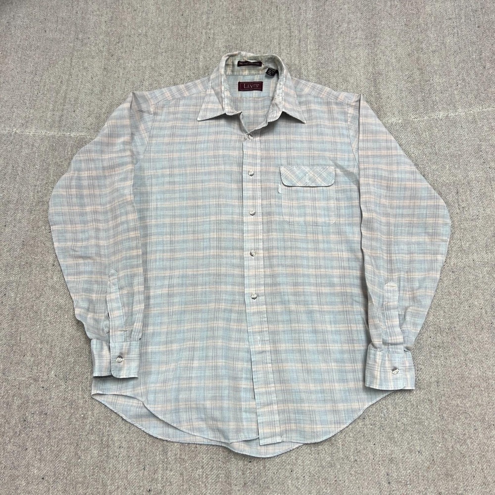 Vintage Levi's Button Up Shirt Mens Large Pink 80s Long Sleeve Plaid‎
